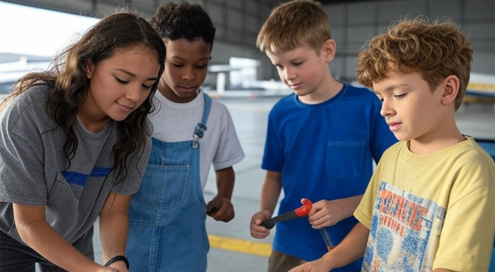 A group of kids enjoying a day at one of the many aviation summer camps for 2025.