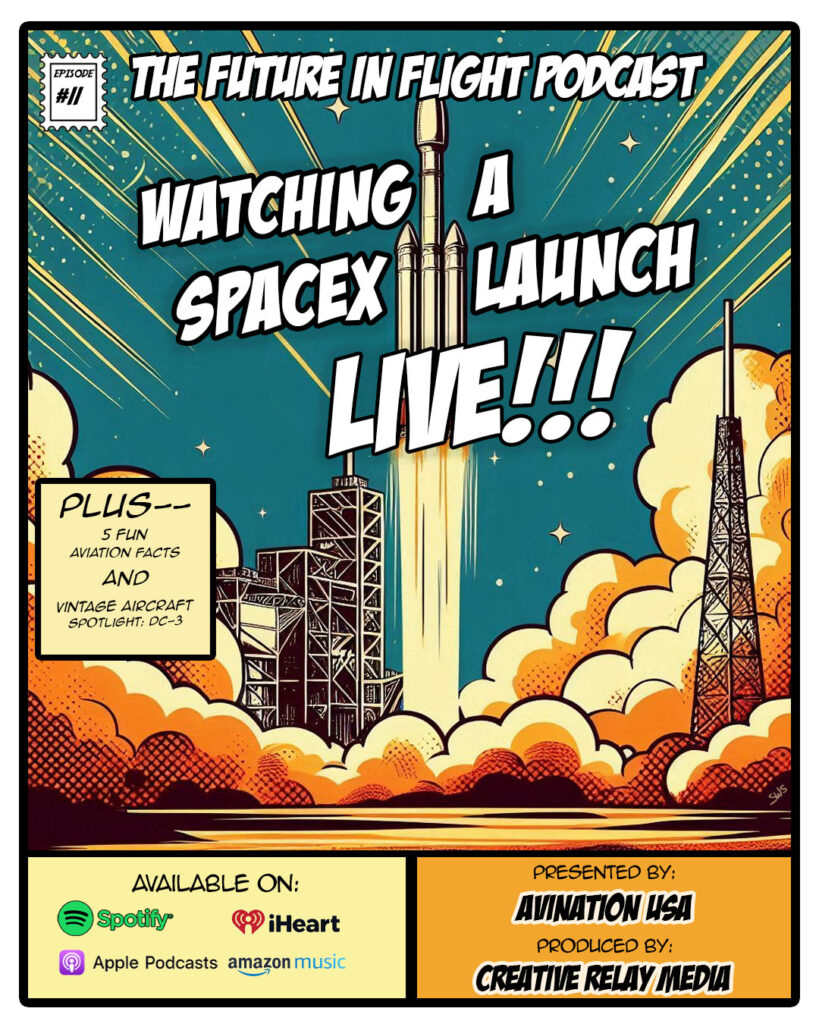A vintage comic style drawing of a Falcon 9 rocket launch against a dark Central Florida night sky.