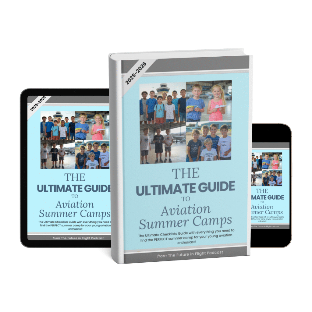 Summer Camp Book and Device Mockup The Ultimate Guide to Aviation Summer Camps shown as a hardcover book, on a tablet, and on a smartphone