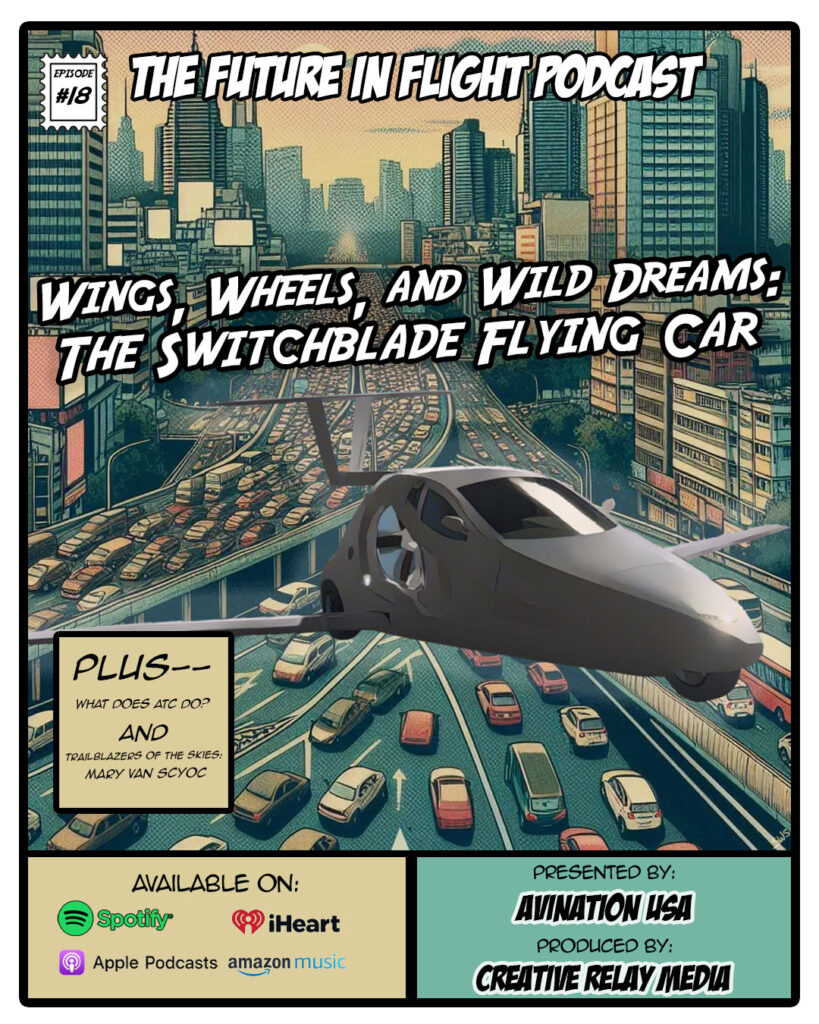The Switchblade Flying Car flying far above a downtown city rush hour traffic scene.