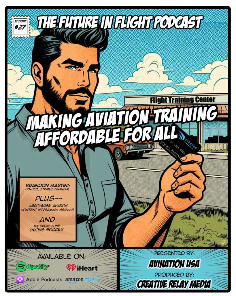 Brandon Martini holding a Stratus Flight Training Financing debit card. He is standing in front of a Flight Training center at the airport. Vintage comic book style.