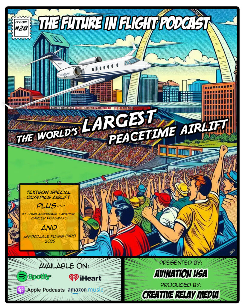 A Cessna Citation X participates in the Special Olympics Airlift, sponsored by Textron Aviation. Vintage comic look..