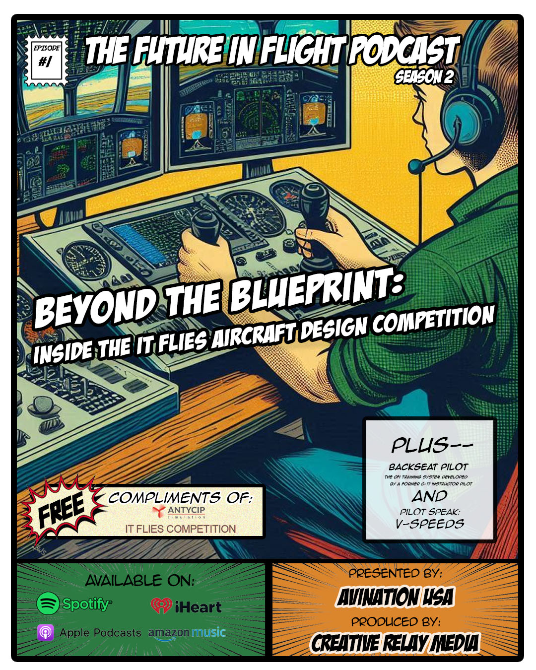 A student in a high fidelity flight simulator testing out his team's design as part of the IT FLIES competition. Vintage comic book style.