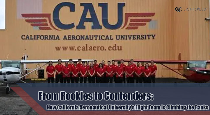 The California Aeronautical University Flight Team poses for a picture outside of the hangar with both of their aircraft.