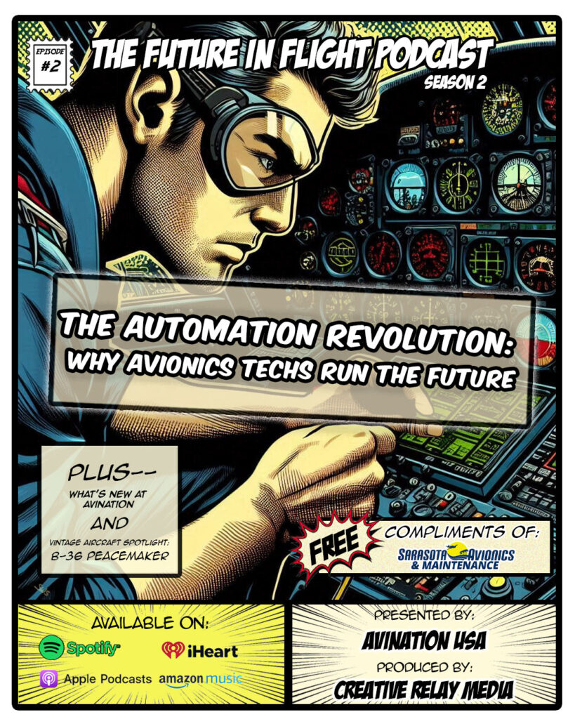 Avionics Techs working on an aircraft panel. Determined looks on their faces. Vintage comic book style.