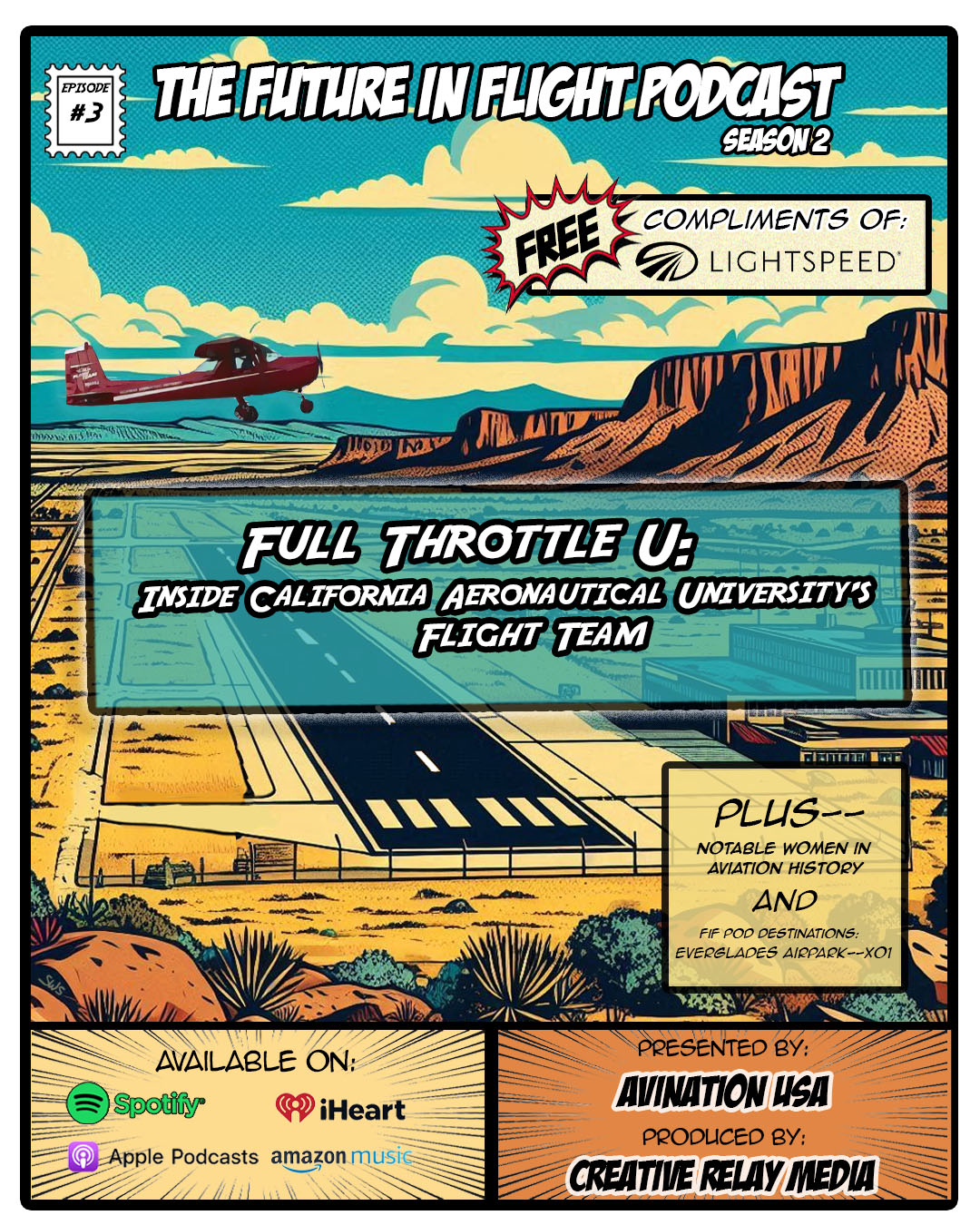 CAU Flight Team Cessna 150J "Little Red" flying over a SW USA airport. Vintage comic book style.