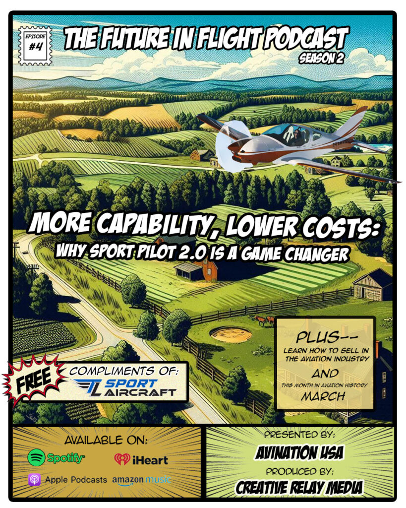 A sleek sport pilot 2.0 or MOSAIC ready aircraft from TL Sport Aircraft flying over a US Southern countryside. Vintage comic book style.