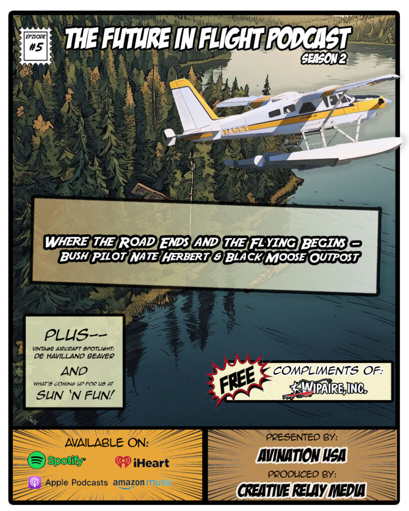A Cessna Caravan on Wipline 8750 floats flying over a wilderness camp owned by Black Moose Outposts.